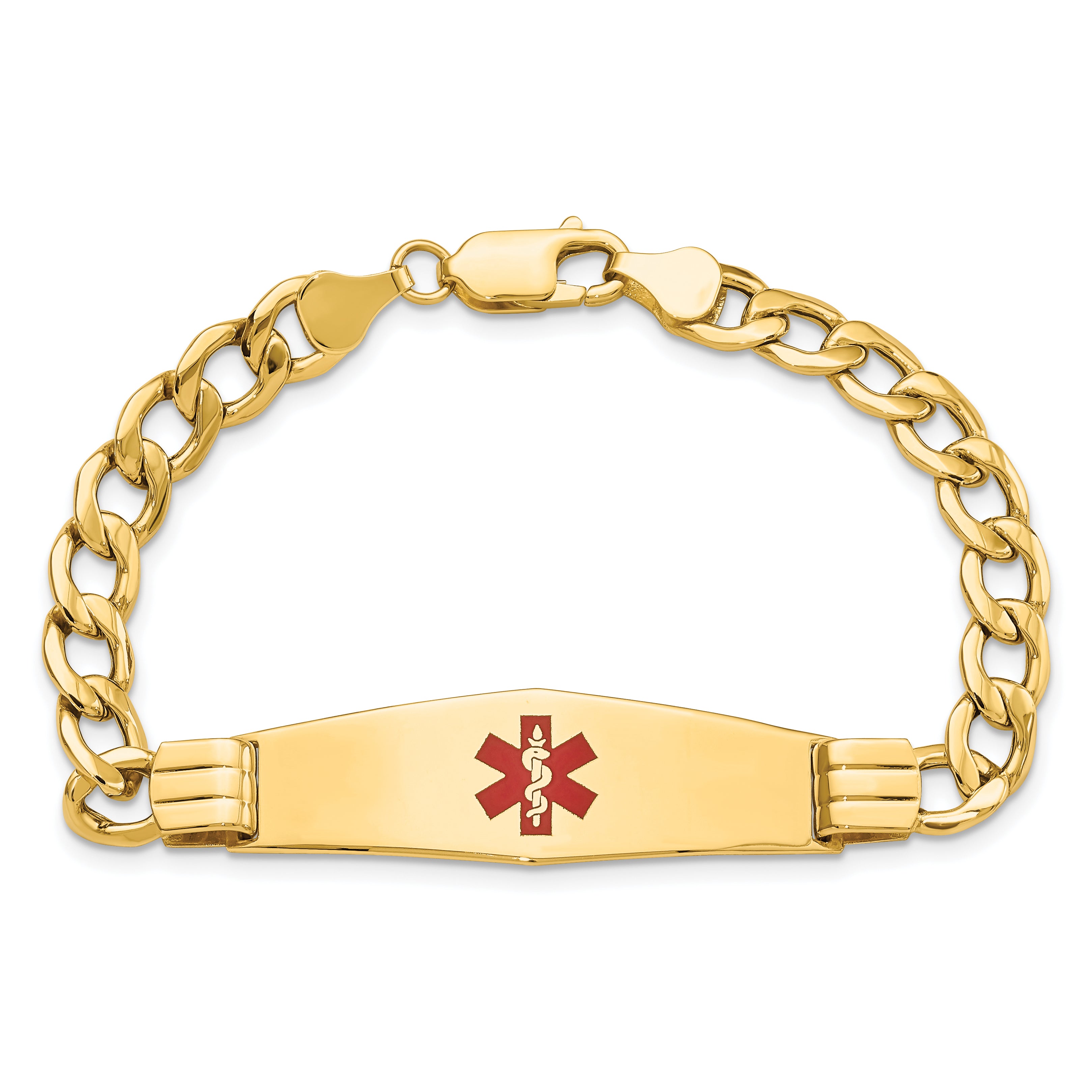 14K Medical Semi-Solid Chain/Solid Plate Soft Diamond Shape 40x12mm Centered Red Enamel Curb Link 8 inch ID Bracelet