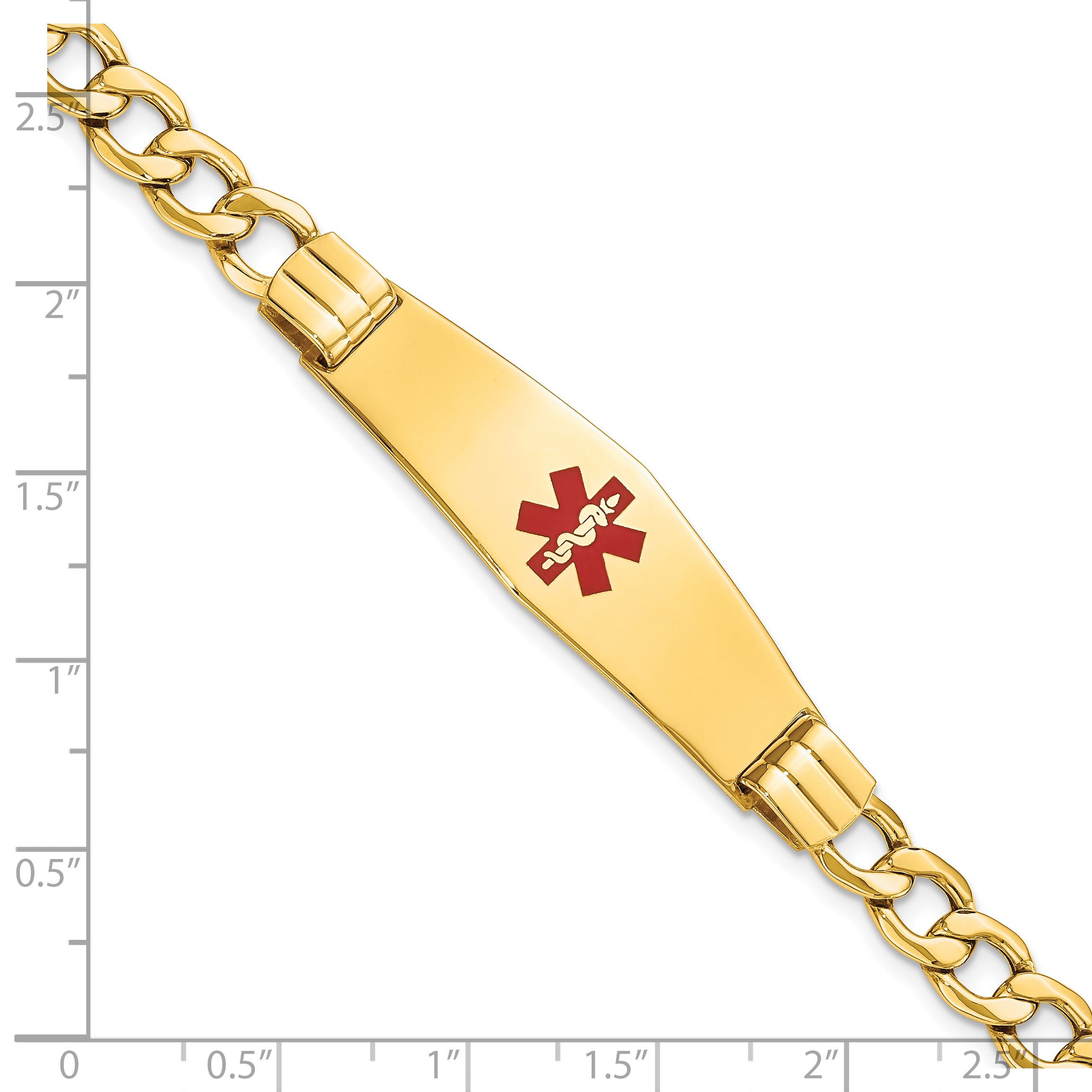 14K Medical Semi-Solid Chain/Solid Plate Soft Diamond Shape 40x12mm Centered Red Enamel Curb Link 7 inch ID Bracelet