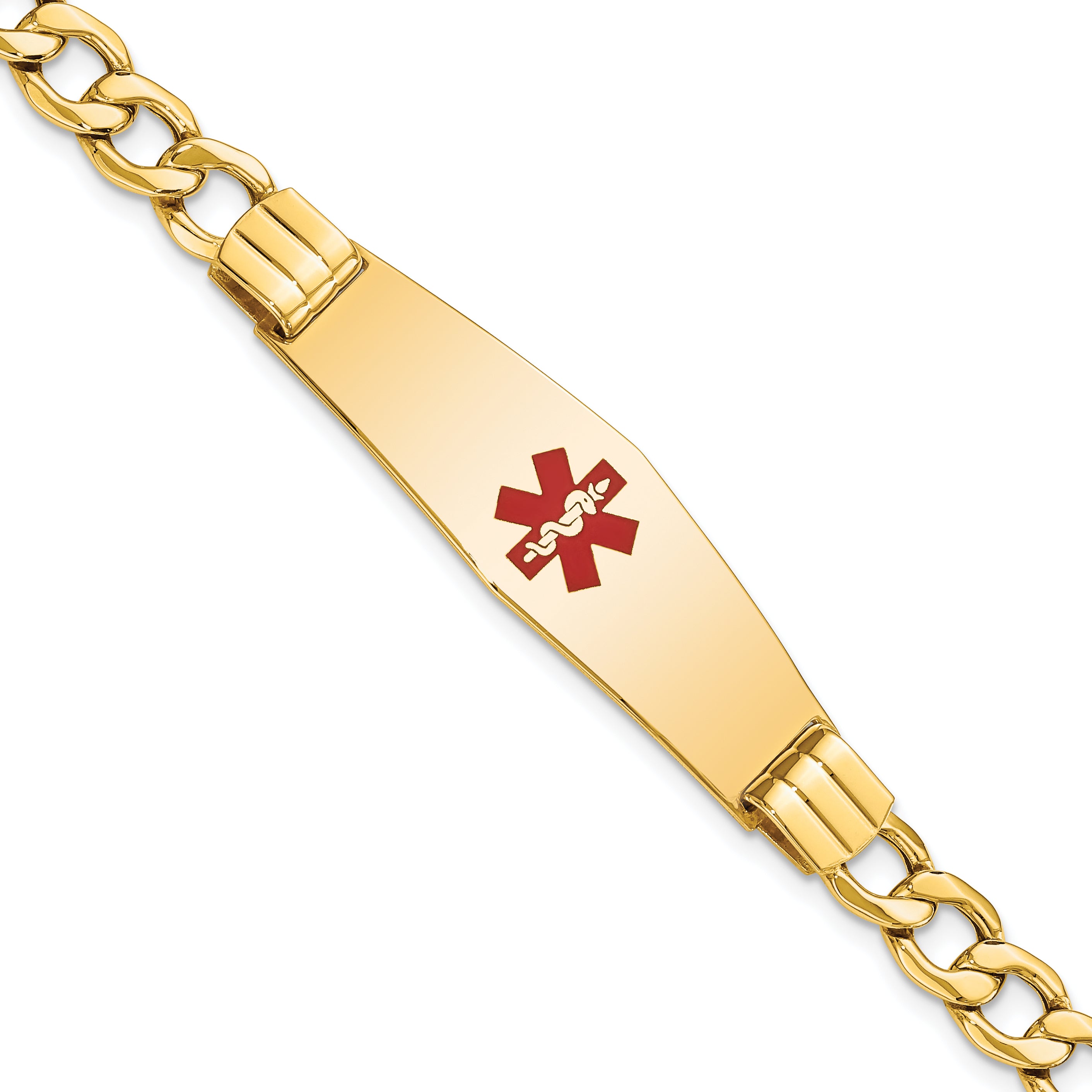 14K Medical Semi-Solid Chain/Solid Plate Soft Diamond Shape 40x12mm Centered Red Enamel Curb Link 7 inch ID Bracelet Main image