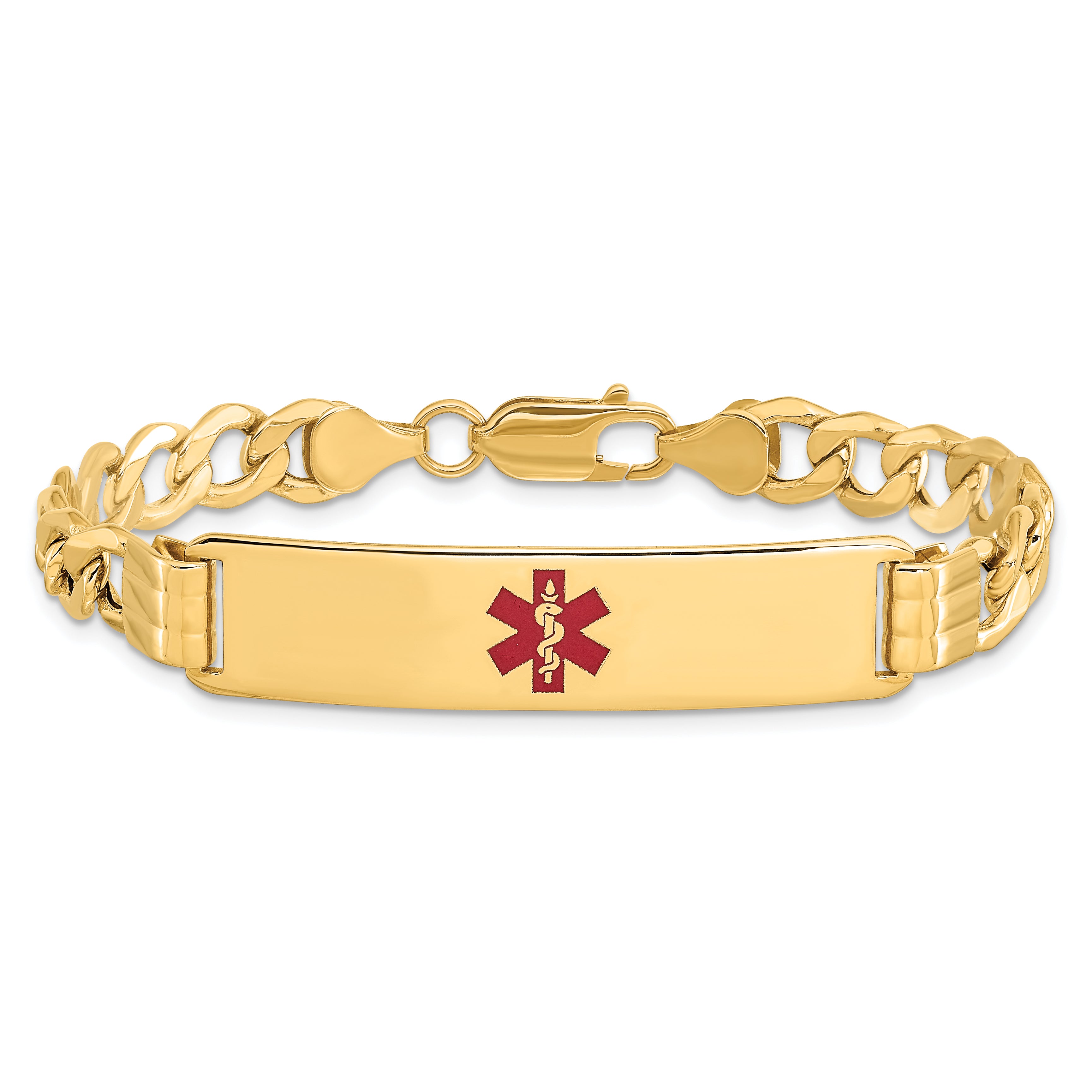 14K Medical Semi-Solid Chain/Solid Plate 40x10mm Centered Red Enamel Curb Link 7 inch ID Bracelet
