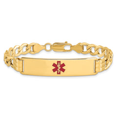 14K Medical Semi-Solid Chain/Solid Plate 40x10mm Centered Red Enamel Curb Link 7 inch ID Bracelet