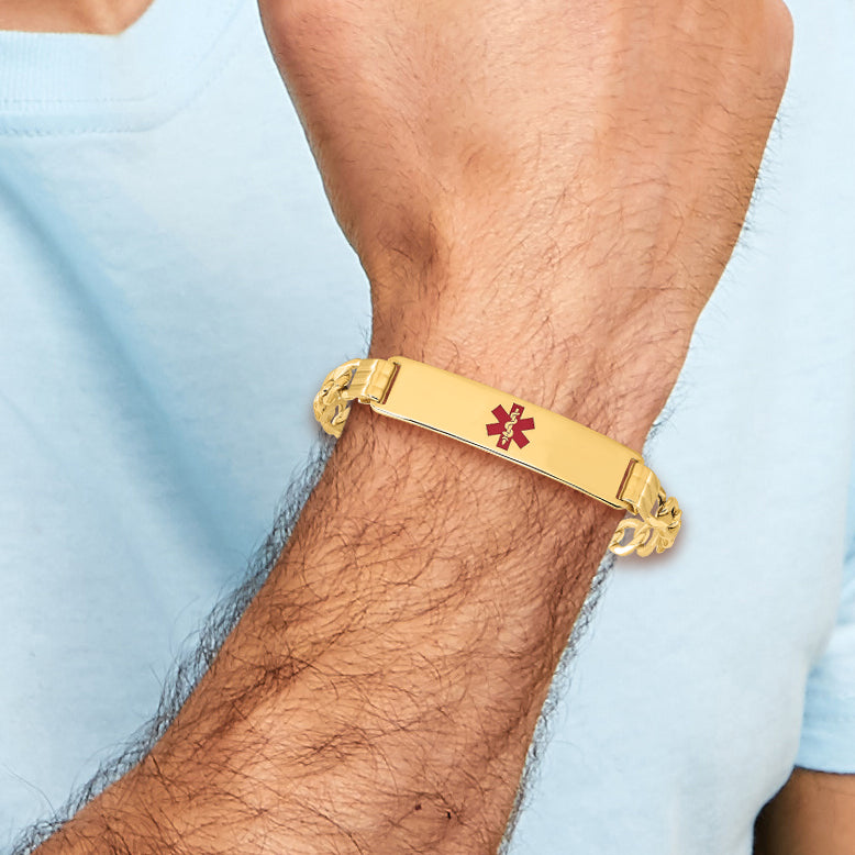 14K Medical Semi-Solid Chain/Solid Plate 40x10mm Centered Red Enamel Curb Link 7 inch ID Bracelet