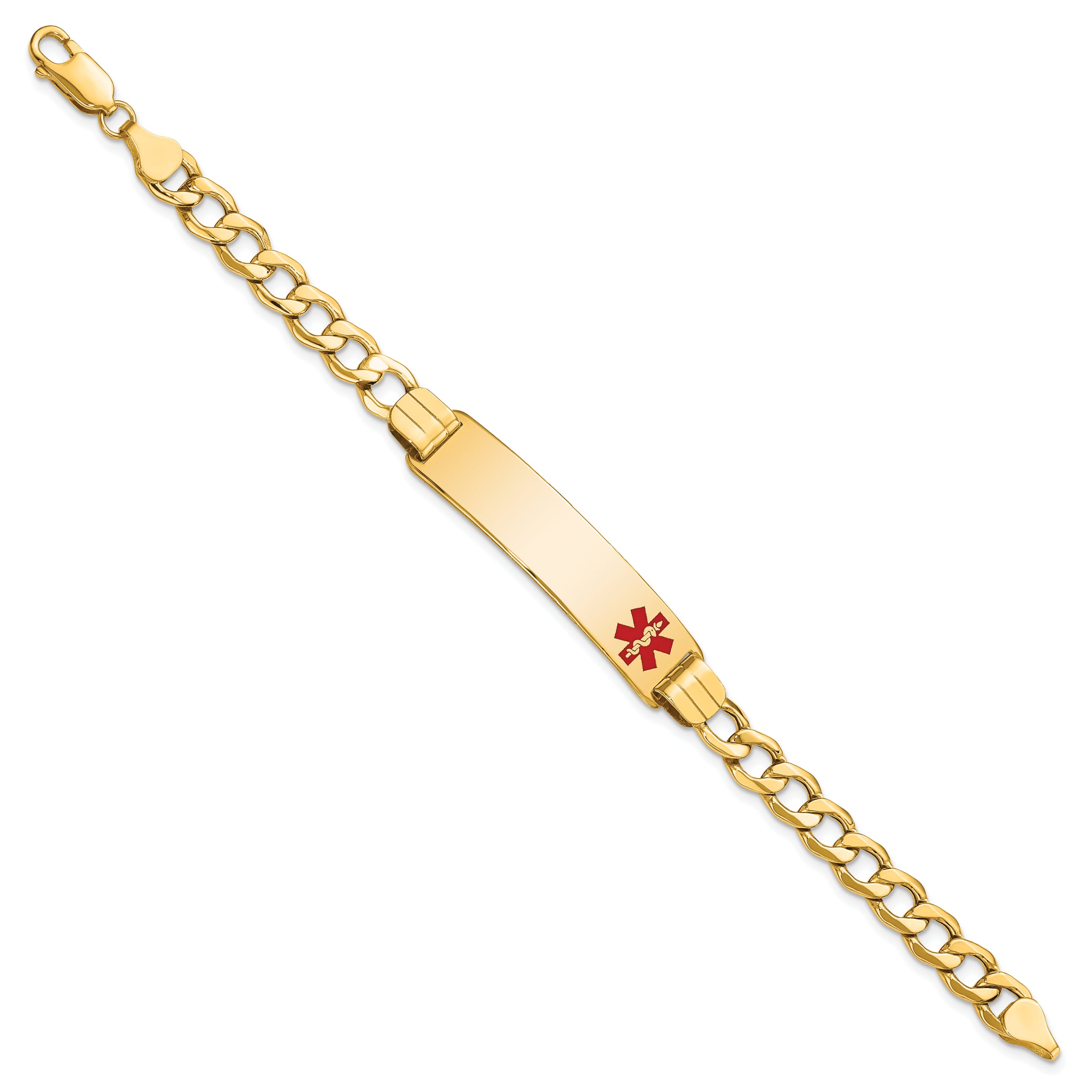 14K Medical Semi-solid Chain/Solid Plate 40x10mm Off-Center Red Enamel Curb Link 7 inch ID Bracelet