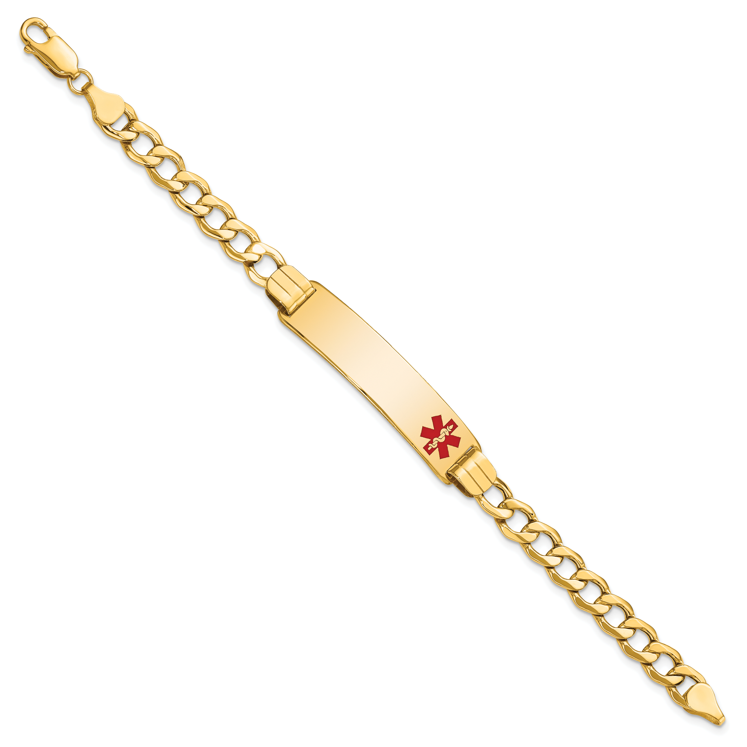 14K Medical Semi-solid Chain/Solid Plate 40x10mm Off-Center Red Enamel Curb Link 8 inch ID Bracelet Main image