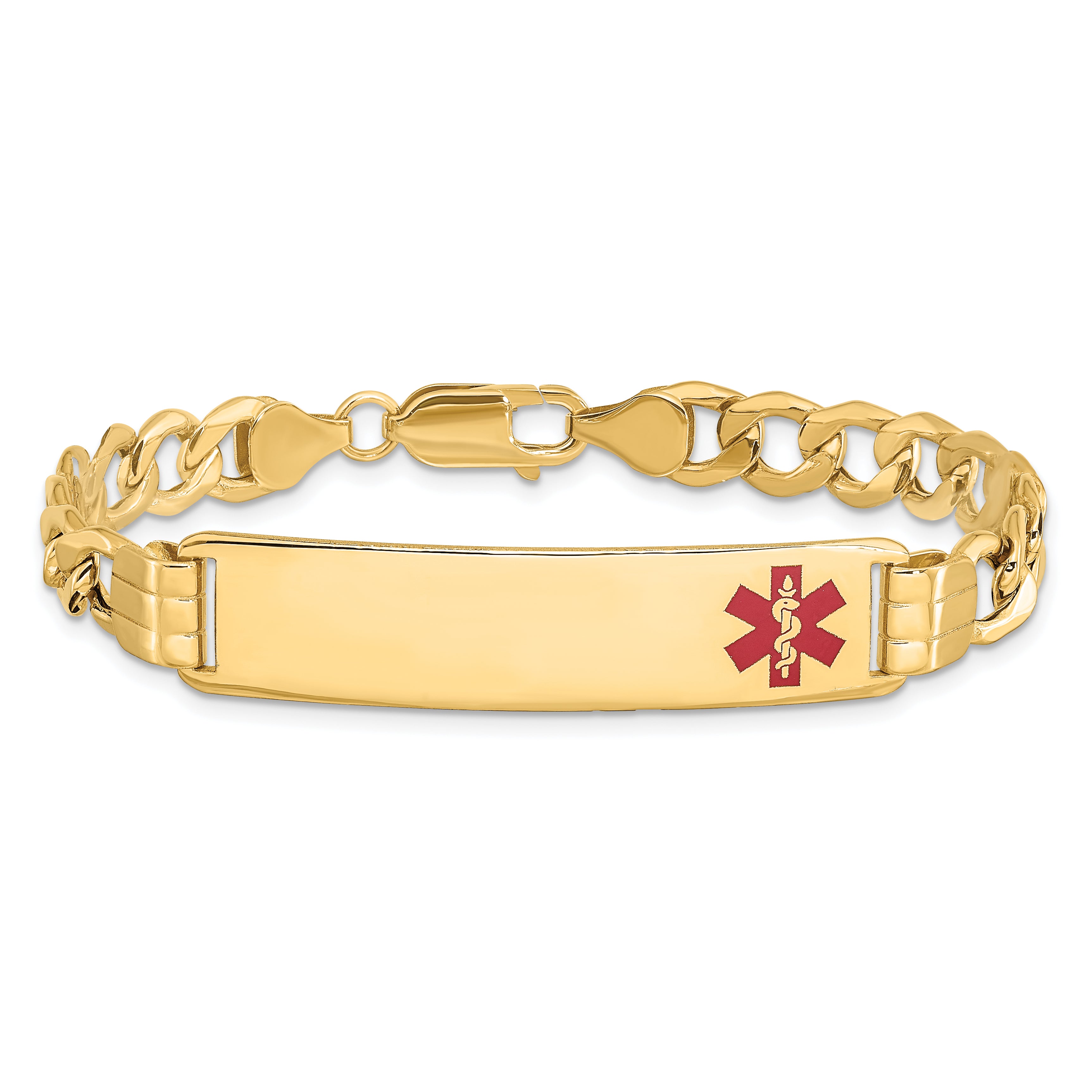 14K Medical Semi-solid Chain/Solid Plate 40x10mm Off-Center Red Enamel Curb Link 7 inch ID Bracelet