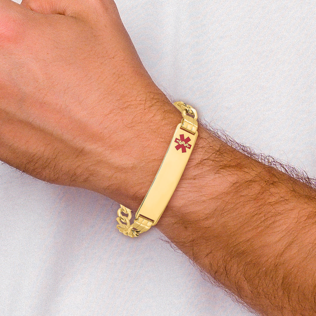 14K Medical Semi-solid Chain/Solid Plate 40x10mm Off-Center Red Enamel Curb Link 7 inch ID Bracelet