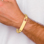 14K Medical Semi-solid Chain/Solid Plate 40x10mm Off-Center Red Enamel Curb Link 7 inch ID Bracelet