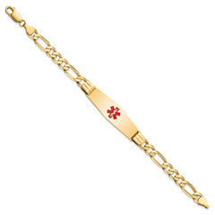 14K Medical Solid Chain/Solid Plate Soft Diamond Shape 40x12mm Centered Red Enamel Flat Figaro Link 7 inch ID Bracelet