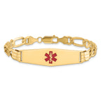 14K Medical Solid Chain/Solid Plate Soft Diamond Shape 40x12mm Centered Red Enamel Flat Figaro Link 8 inch ID Bracelet