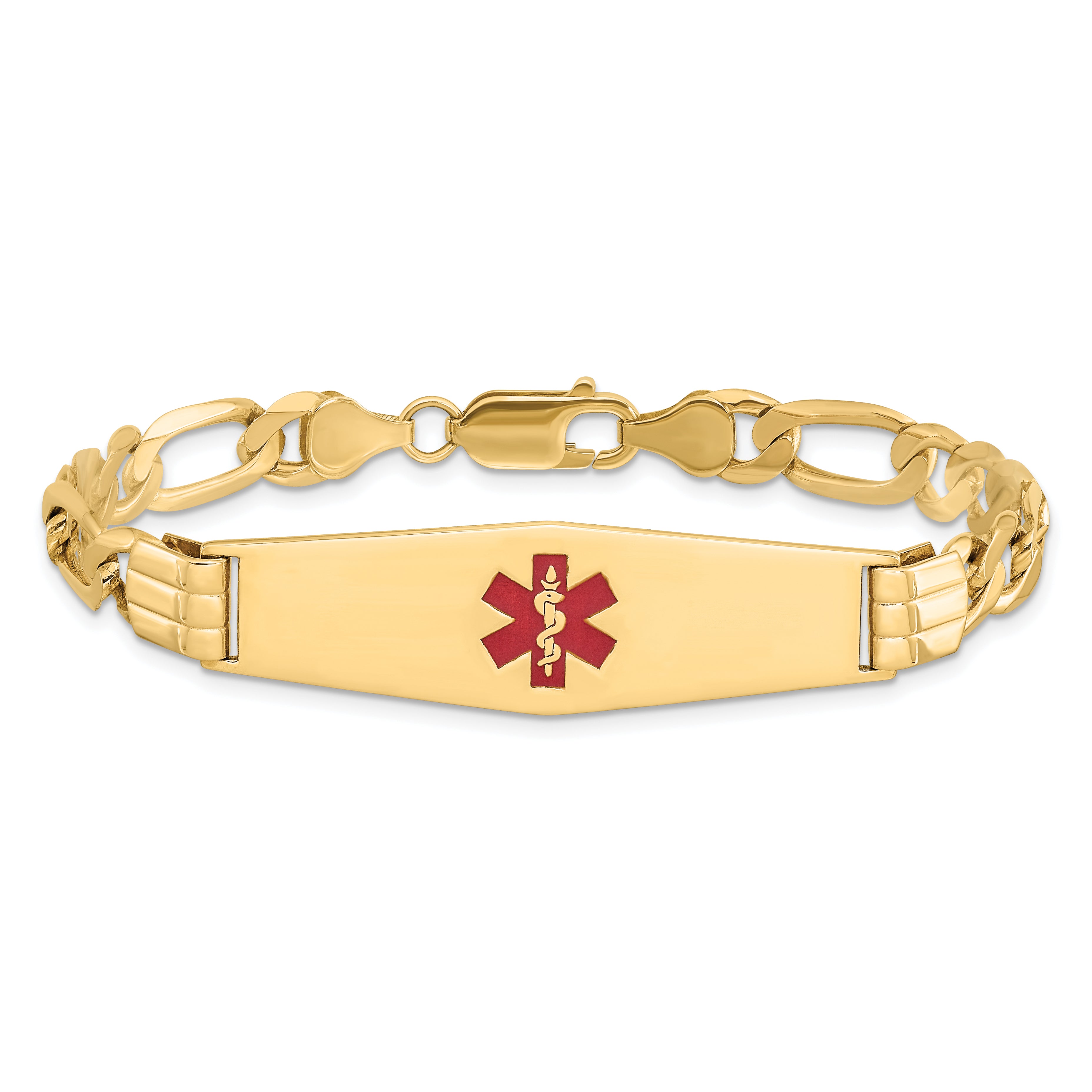 14K Medical Solid Chain/Solid Plate Soft Diamond Shape 40x12mm Centered Red Enamel Flat Figaro Link 8 inch ID Bracelet