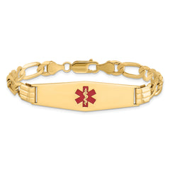 14K Medical Solid Chain/Solid Plate Soft Diamond Shape 40x12mm Centered Red Enamel Flat Figaro Link 7 inch ID Bracelet