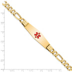 14K Medical Solid Chain/Solid Plate Soft Diamond Shape 40x12mm Centered Red Enamel Flat Figaro Link 8 inch ID Bracelet