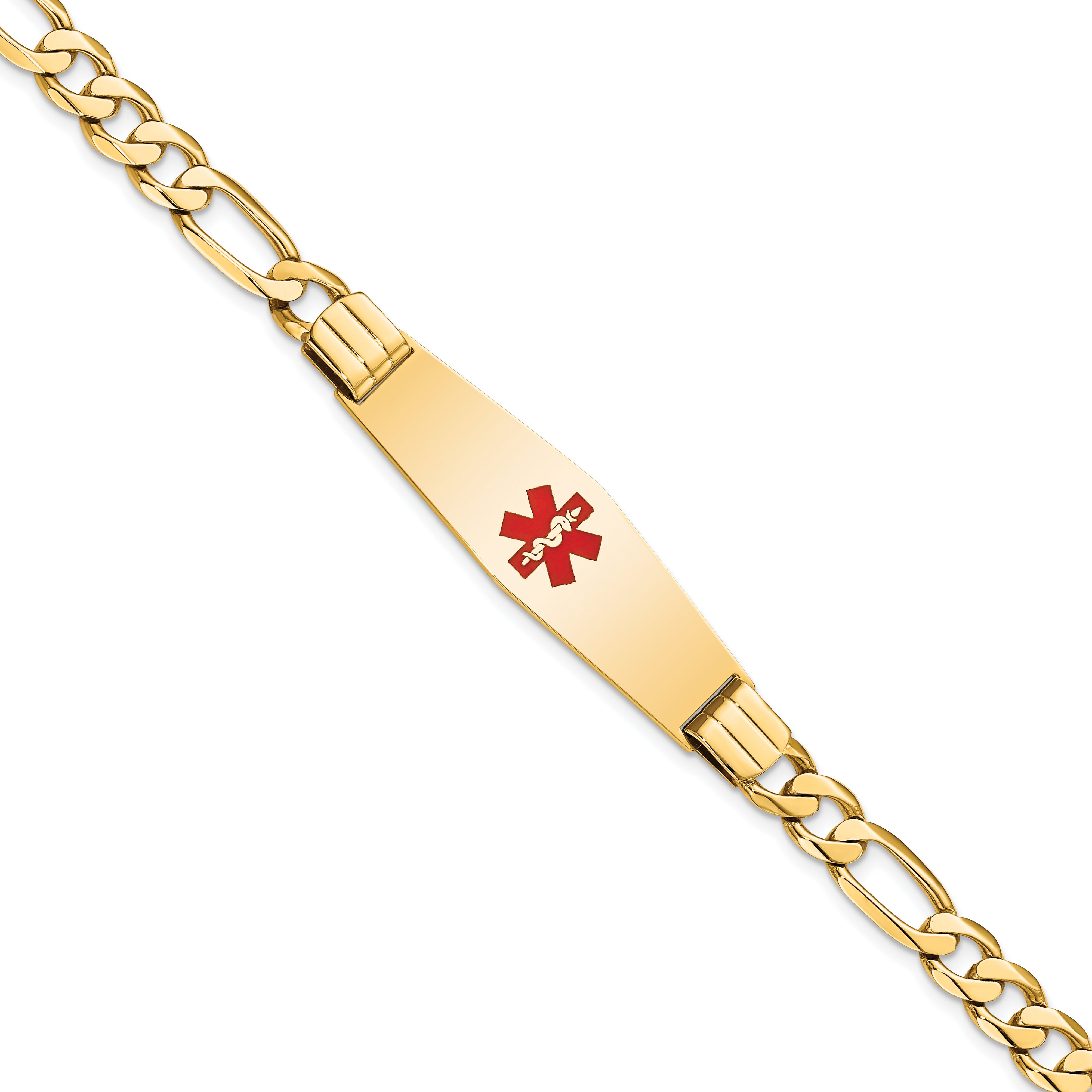 14K Medical Solid Chain/Solid Plate Soft Diamond Shape 40x12mm Centered Red Enamel Flat Figaro Link 8 inch ID Bracelet Main image
