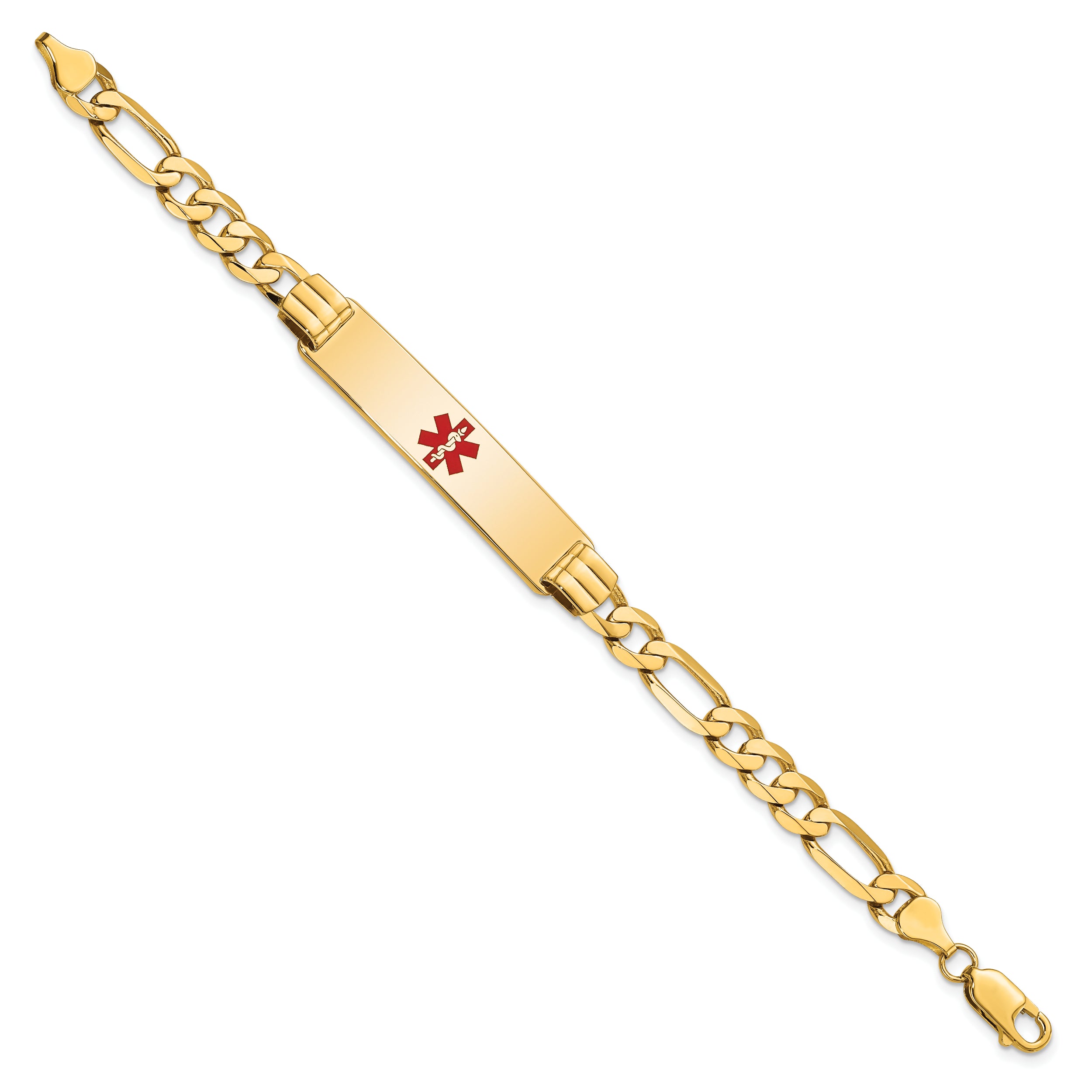 14K Medical Solid Chain/Solid Plate 40x10mm Centered Red Enamel Flat Figaro Link 7 inch ID Bracelet