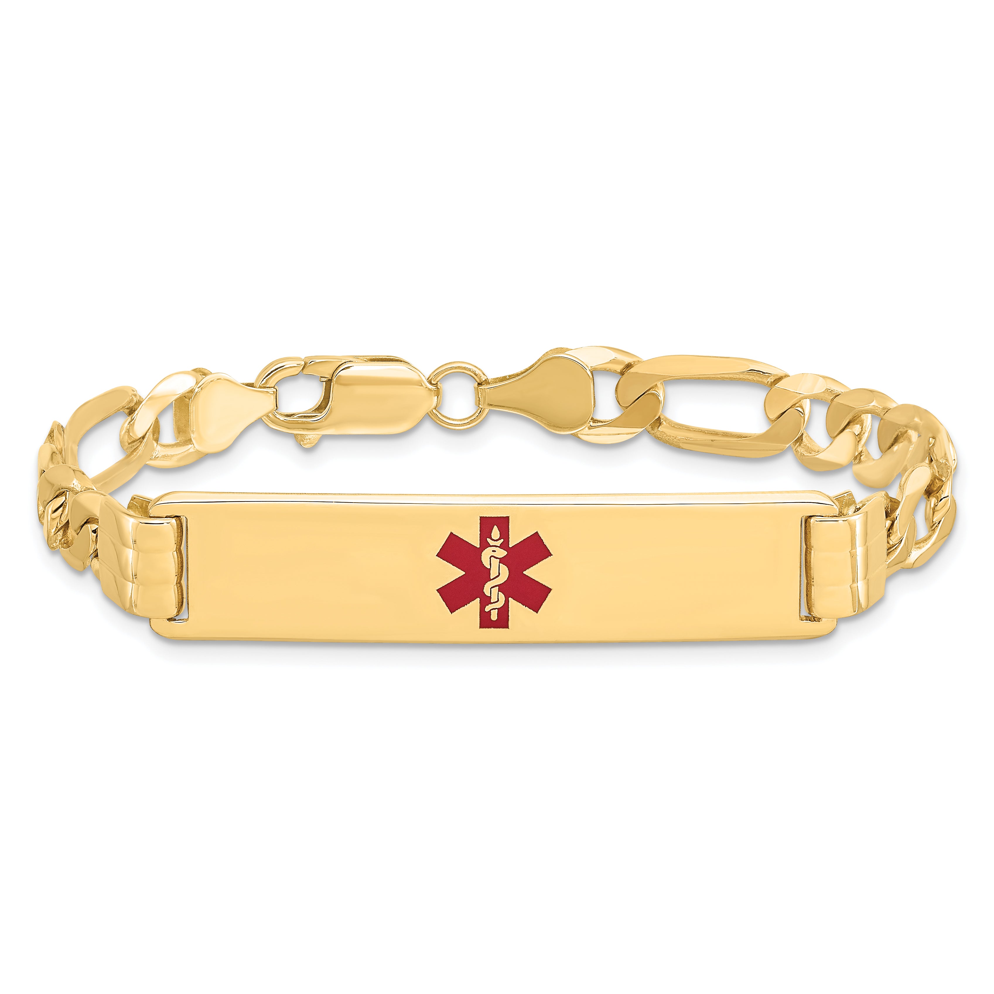 14K Medical Solid Chain/Solid Plate 40x10mm Centered Red Enamel Flat Figaro Link 8 inch ID Bracelet