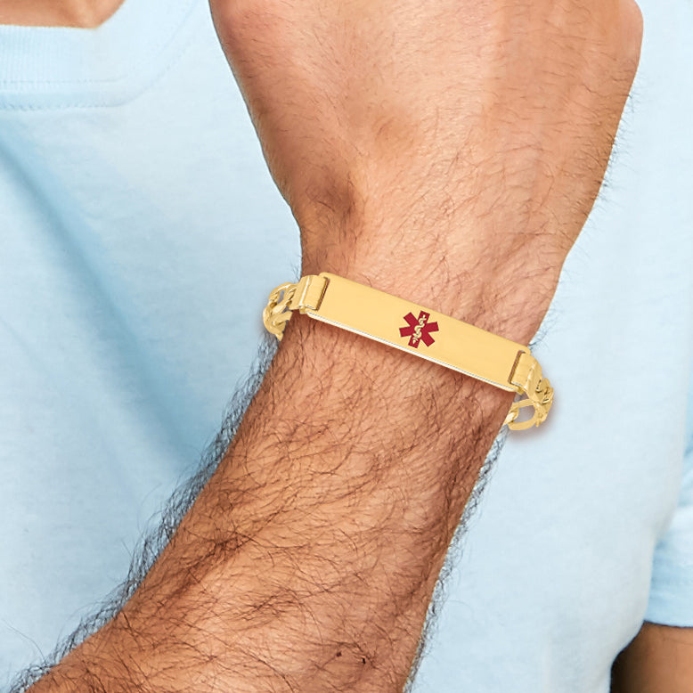 14K Medical Solid Chain/Solid Plate 40x10mm Centered Red Enamel Flat Figaro Link 7 inch ID Bracelet