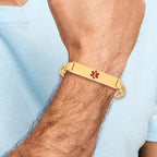 14K Medical Solid Chain/Solid Plate 40x10mm Centered Red Enamel Flat Figaro Link 8 inch ID Bracelet
