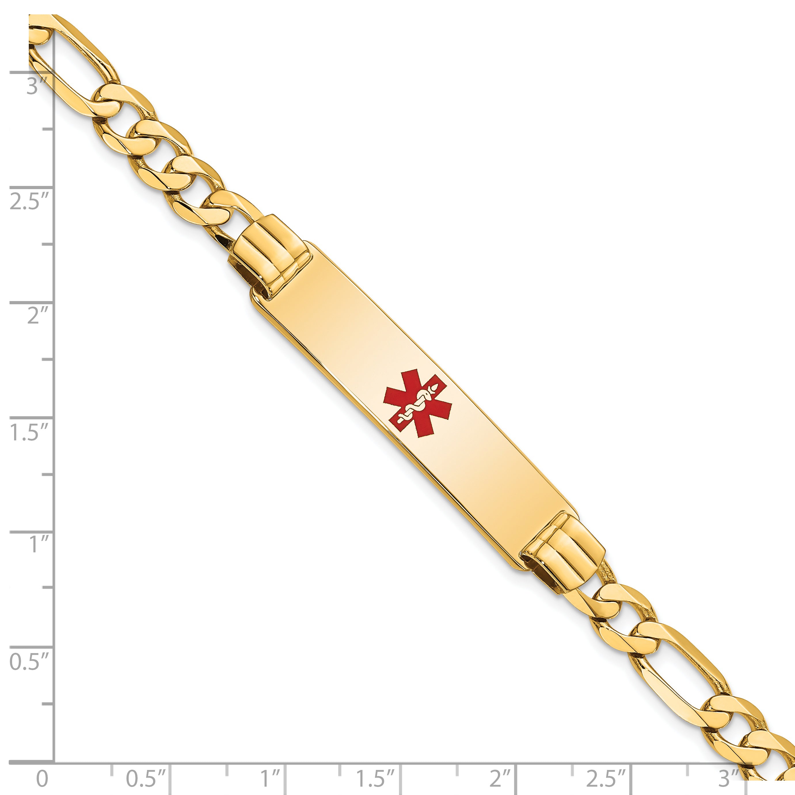 14K Medical Solid Chain/Solid Plate 40x10mm Centered Red Enamel Flat Figaro Link 7 inch ID Bracelet
