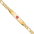 14K Medical Solid Chain/Solid Plate 40x10mm Centered Red Enamel Flat Figaro Link 8 inch ID Bracelet