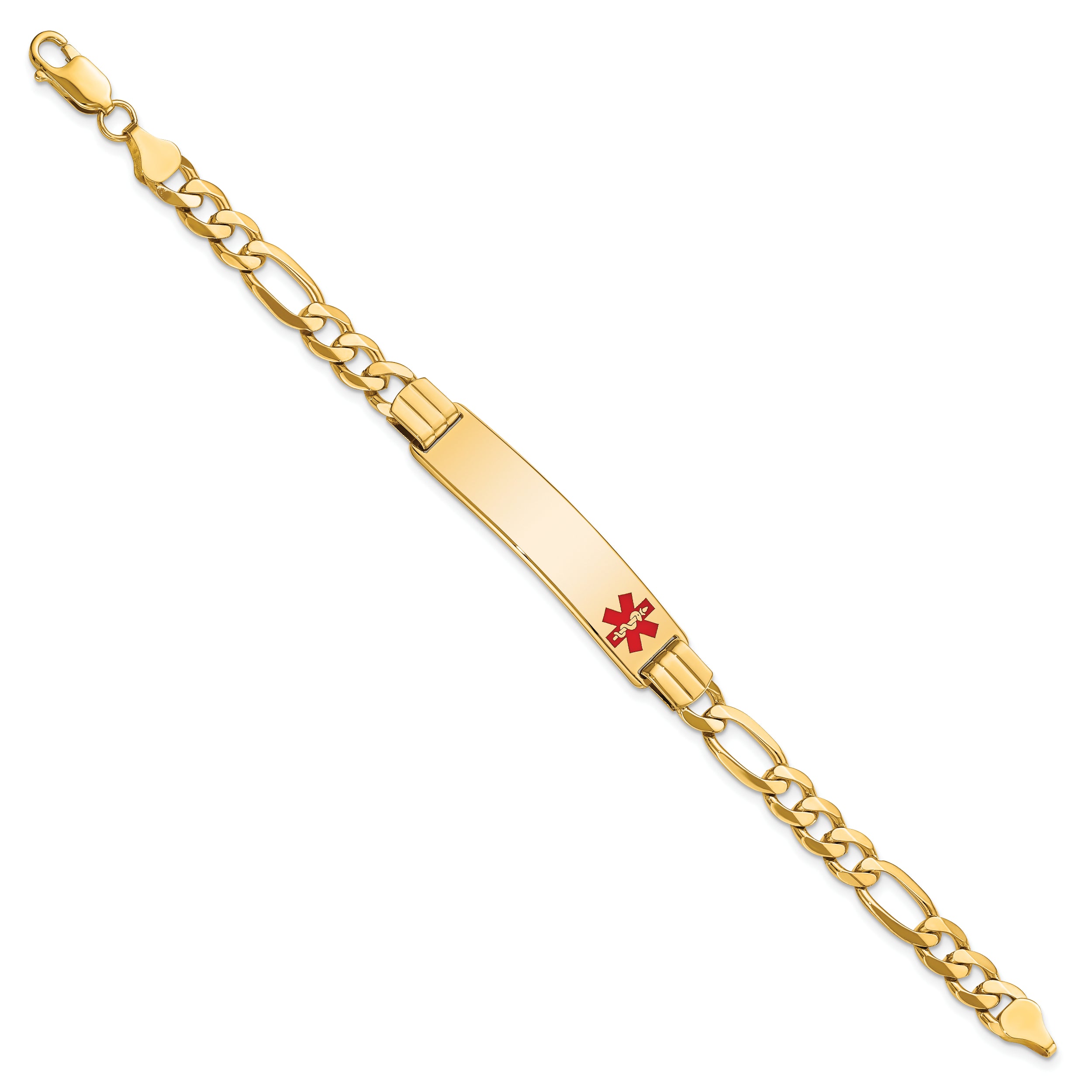 14K Medical Solid Chain/Solid Plate 40x10mm Off-Center Red Enamel Flat Figaro Link 7 inch ID Bracelet