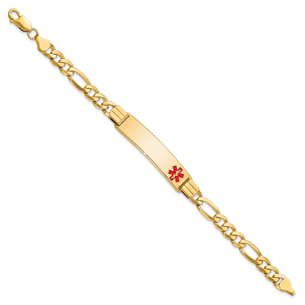 14K Medical Solid Chain/Solid Plate 40x10mm Off-Center Red Enamel Flat Figaro Link 8 inch ID Bracelet