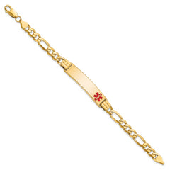 14K Medical Solid Chain/Solid Plate 40x10mm Off-Center Red Enamel Flat Figaro Link 7 inch ID Bracelet