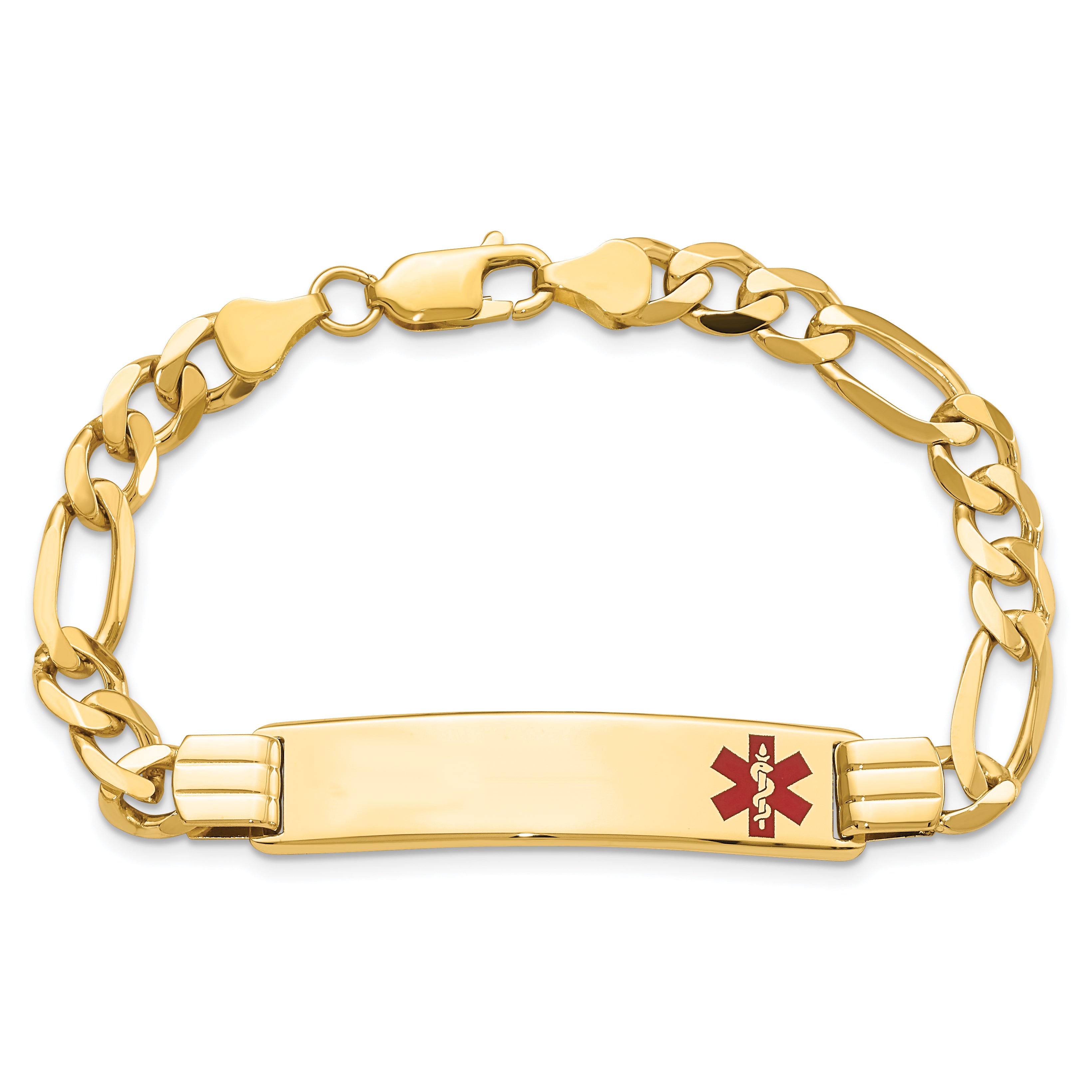 14K Medical Solid Chain/Solid Plate 40x10mm Off-Center Red Enamel Flat Figaro Link 7 inch ID Bracelet
