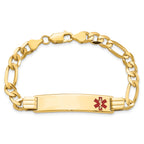14K Medical Solid Chain/Solid Plate 40x10mm Off-Center Red Enamel Flat Figaro Link 8 inch ID Bracelet