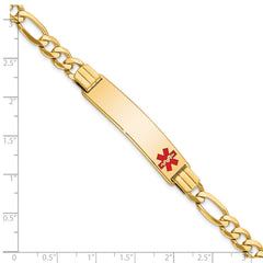 14K Medical Solid Chain/Solid Plate 40x10mm Off-Center Red Enamel Flat Figaro Link 7 inch ID Bracelet