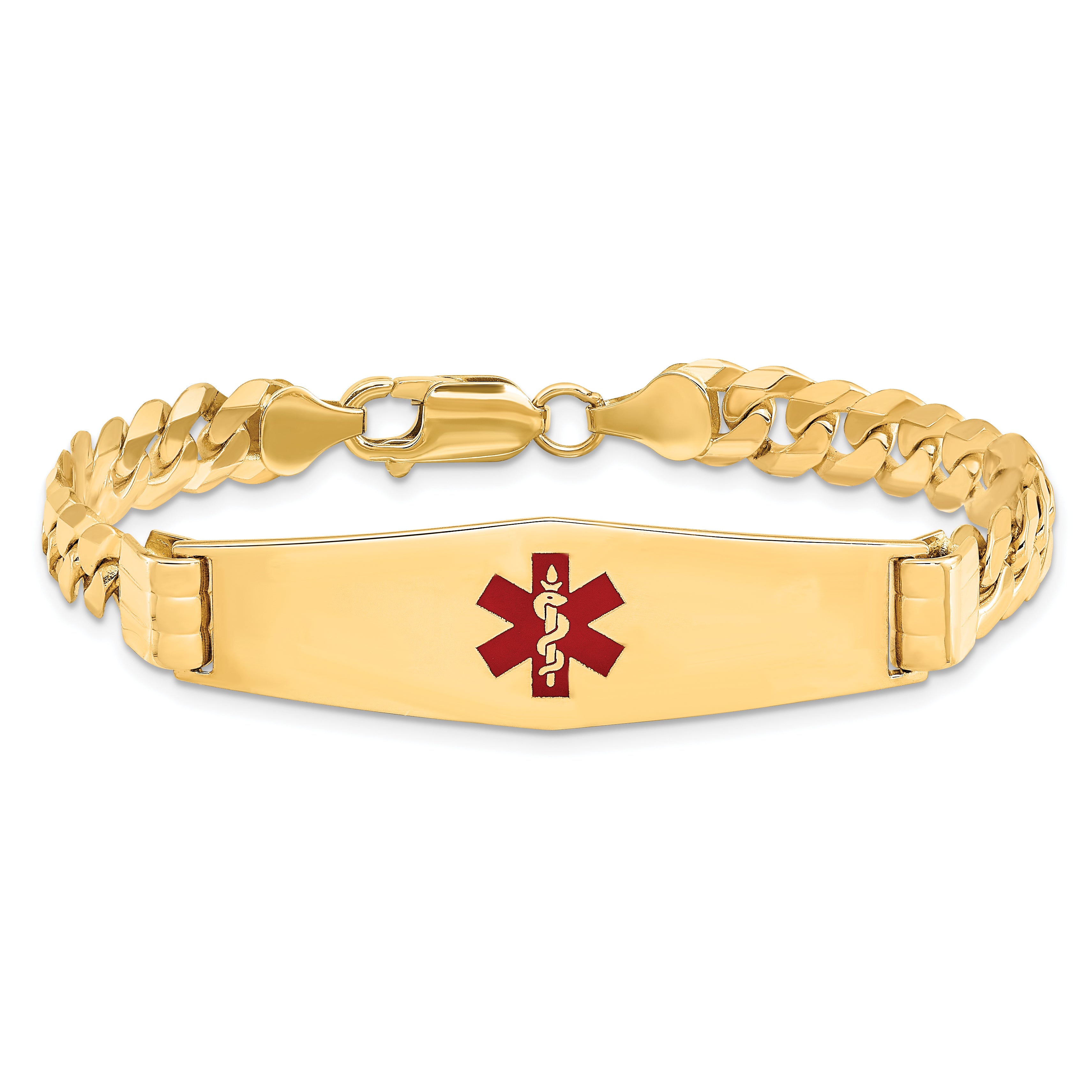 14K Medical Solid Chain/Solid Plate Soft Diamond Shape 40x12mm Centered Red Enamel Curb Link 7 inch ID Bracelet