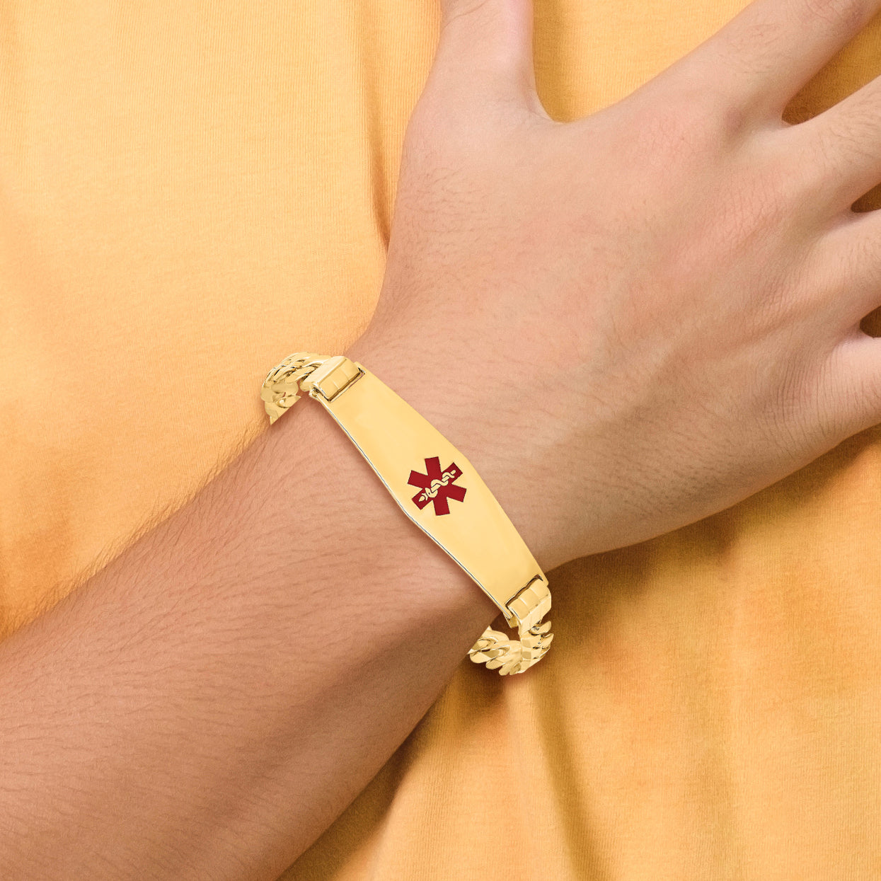 14K Medical Solid Chain/Solid Plate Soft Diamond Shape 40x12mm Centered Red Enamel Curb Link 8 inch ID Bracelet