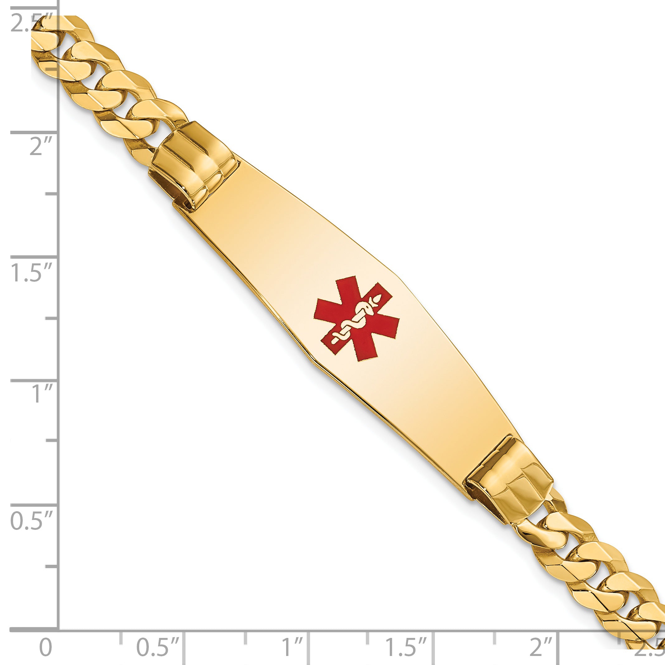 14K Medical Solid Chain/Solid Plate Soft Diamond Shape 40x12mm Centered Red Enamel Curb Link 7 inch ID Bracelet