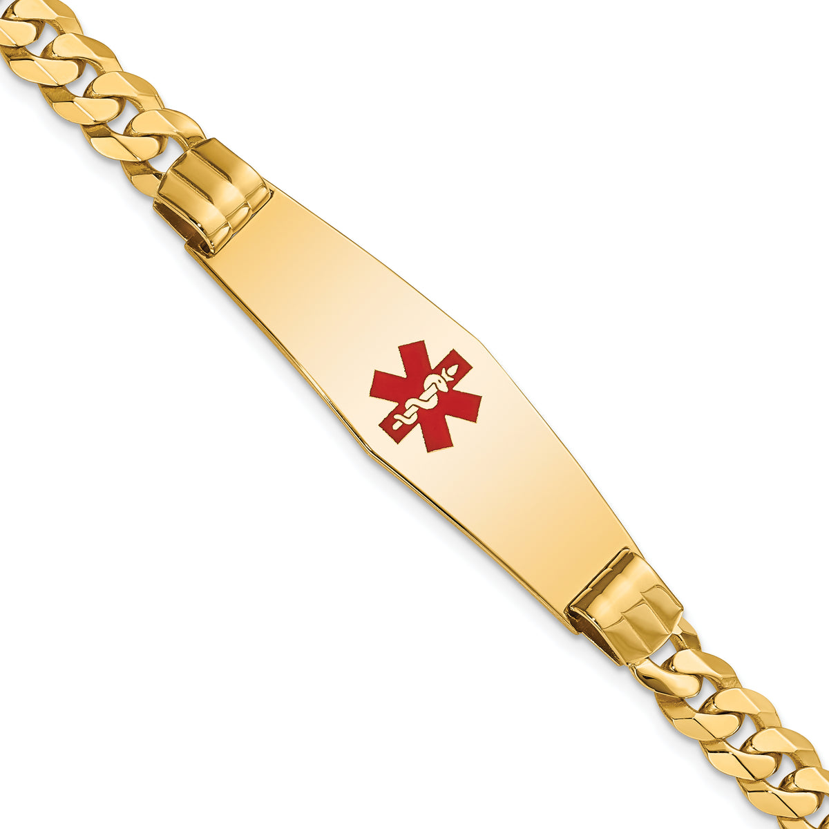 14K Medical Solid Chain/Solid Plate Soft Diamond Shape 40x12mm Centered Red Enamel Curb Link 7 inch ID Bracelet