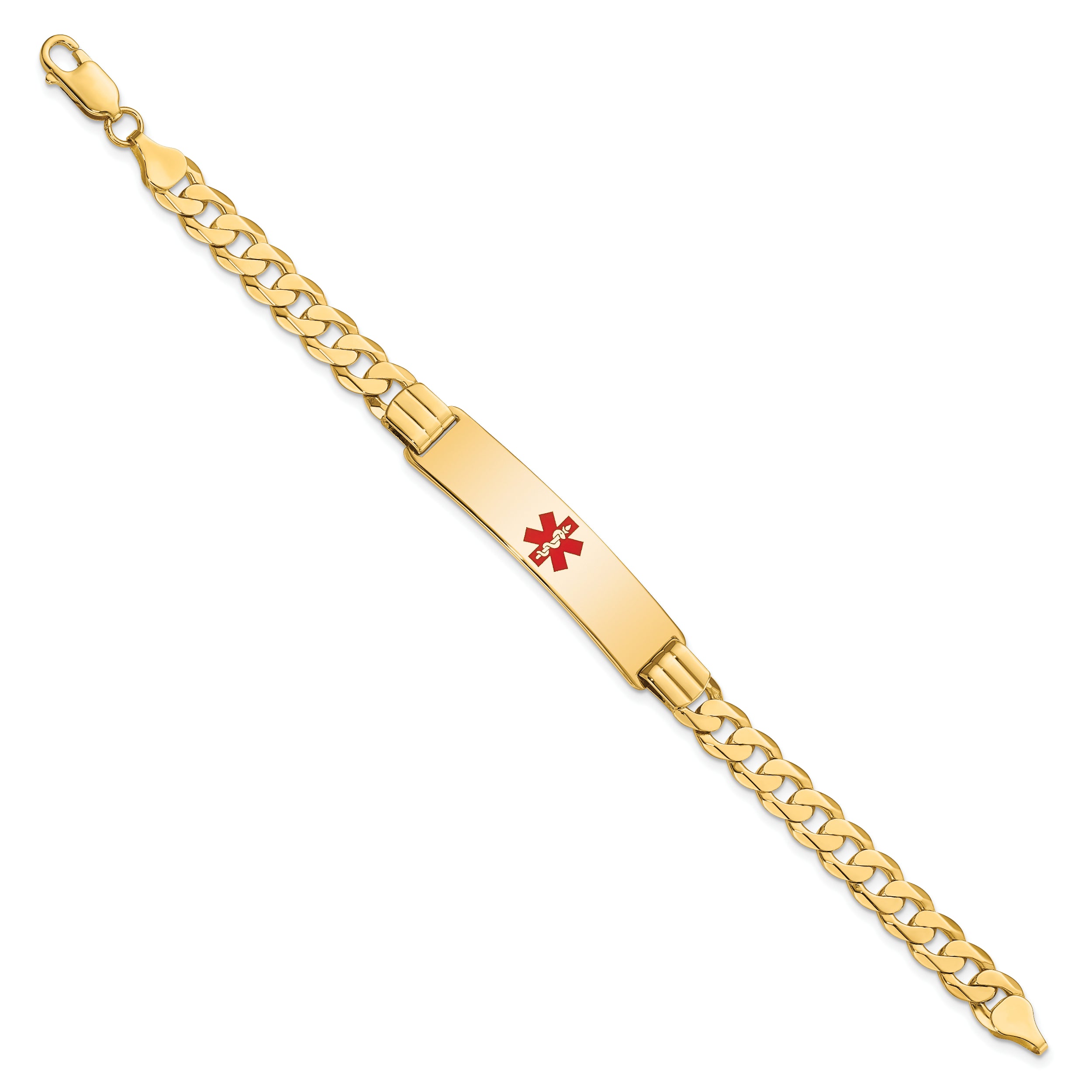 14K Medical Solid Chain/Solid Plate 40x10mm Centered Red Enamel Curb Link 7 inch ID Bracelet