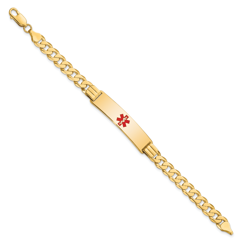 14K Medical Solid Chain/Solid Plate 40x10mm Centered Red Enamel Curb Link 8 inch ID Bracelet