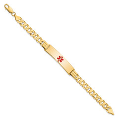14K Medical Solid Chain/Solid Plate 40x10mm Centered Red Enamel Curb Link 7 inch ID Bracelet