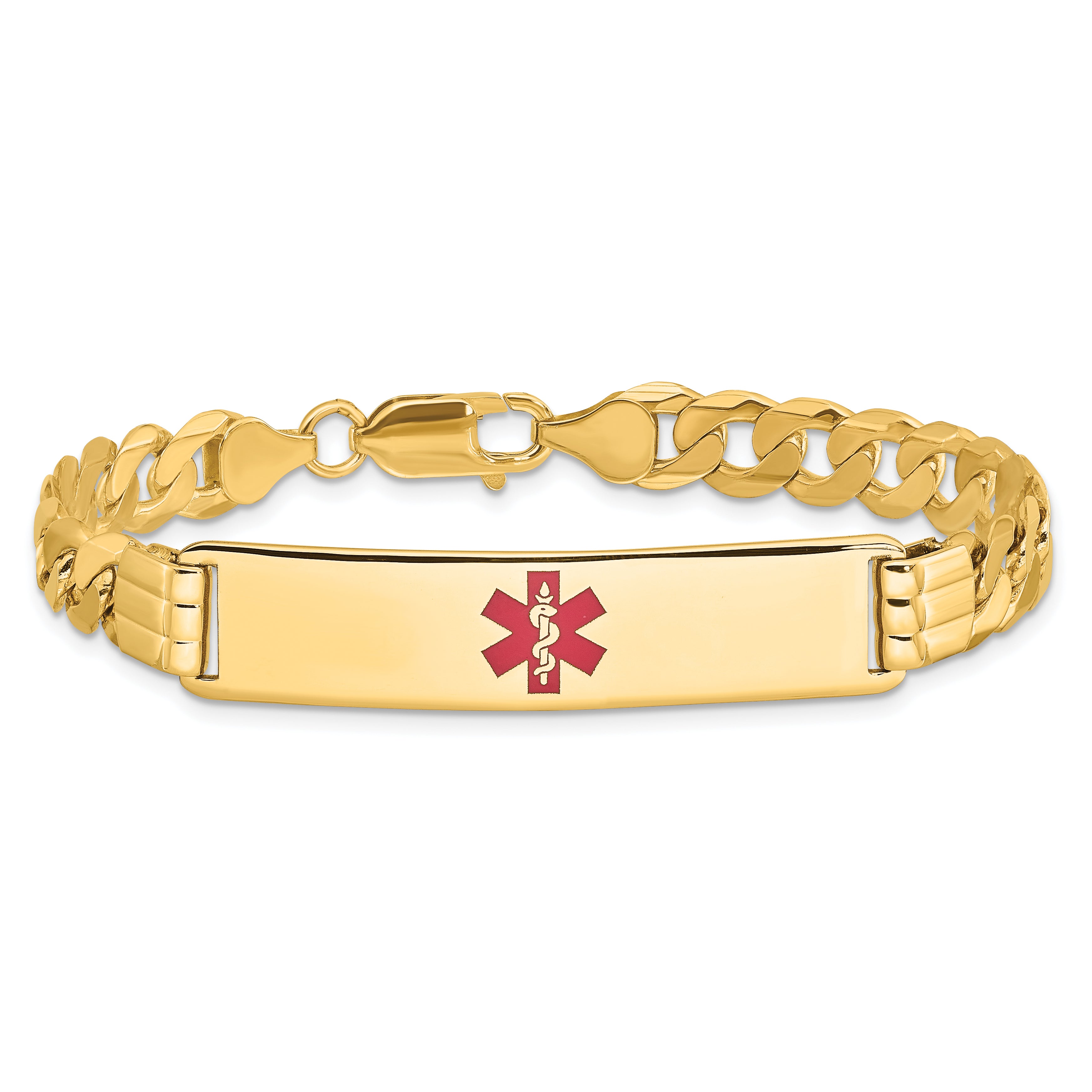 14K Medical Solid Chain/Solid Plate 40x10mm Centered Red Enamel Curb Link 7 inch ID Bracelet