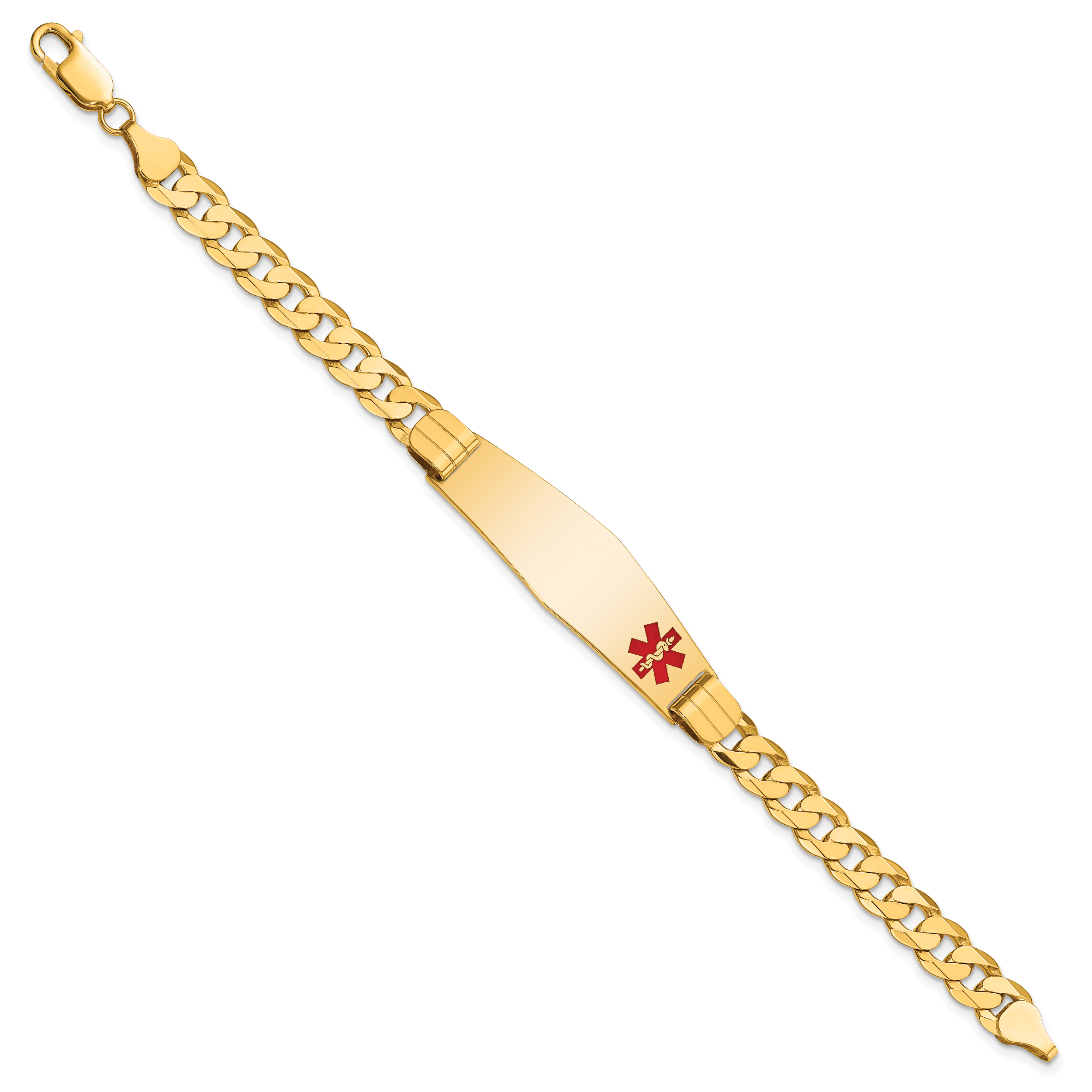 14K Medical Solid Chain/Solid Plate Soft Diamond Shape 39x12mm Off-Center Red Enamel Curb Link 8 inch ID Bracelet