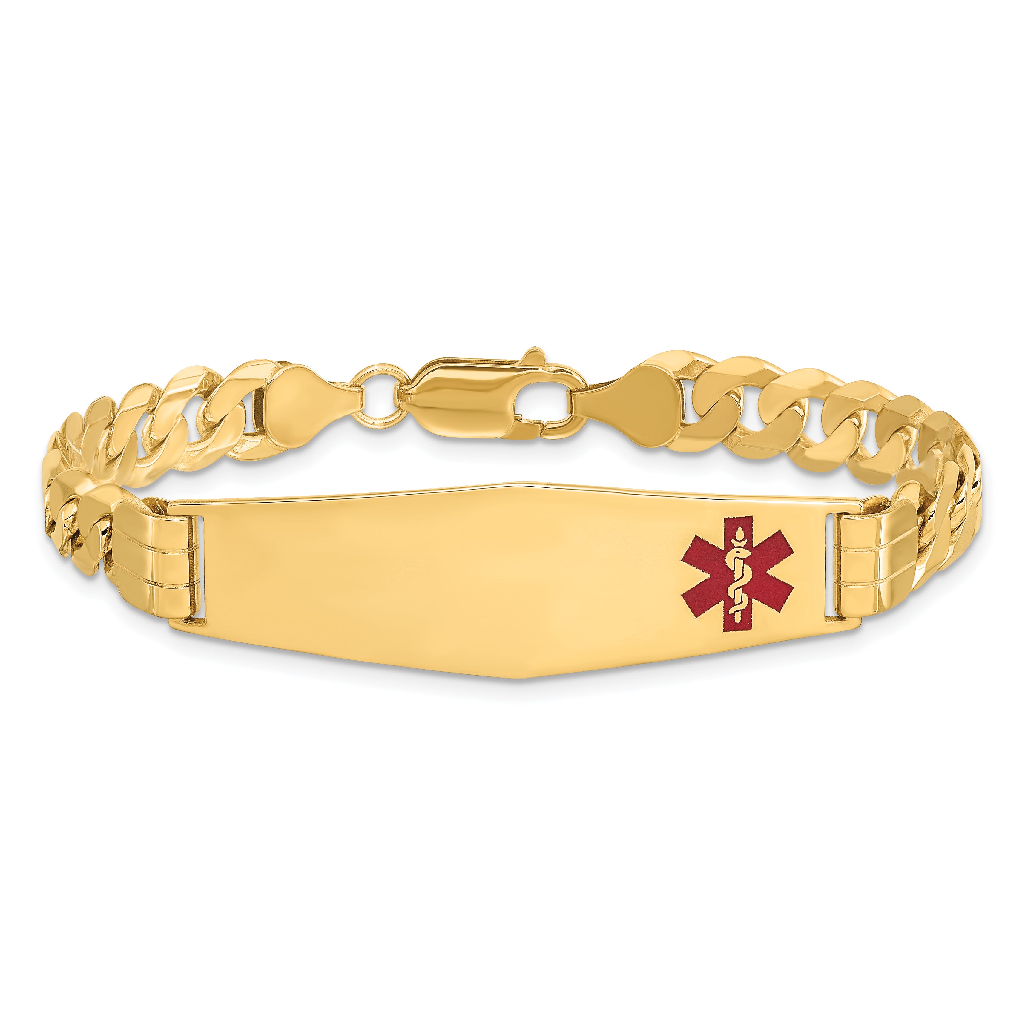 14K Medical Solid Chain/Solid Plate Soft Diamond Shape 39x12mm Off-Center Red Enamel Curb Link 7 inch ID Bracelet