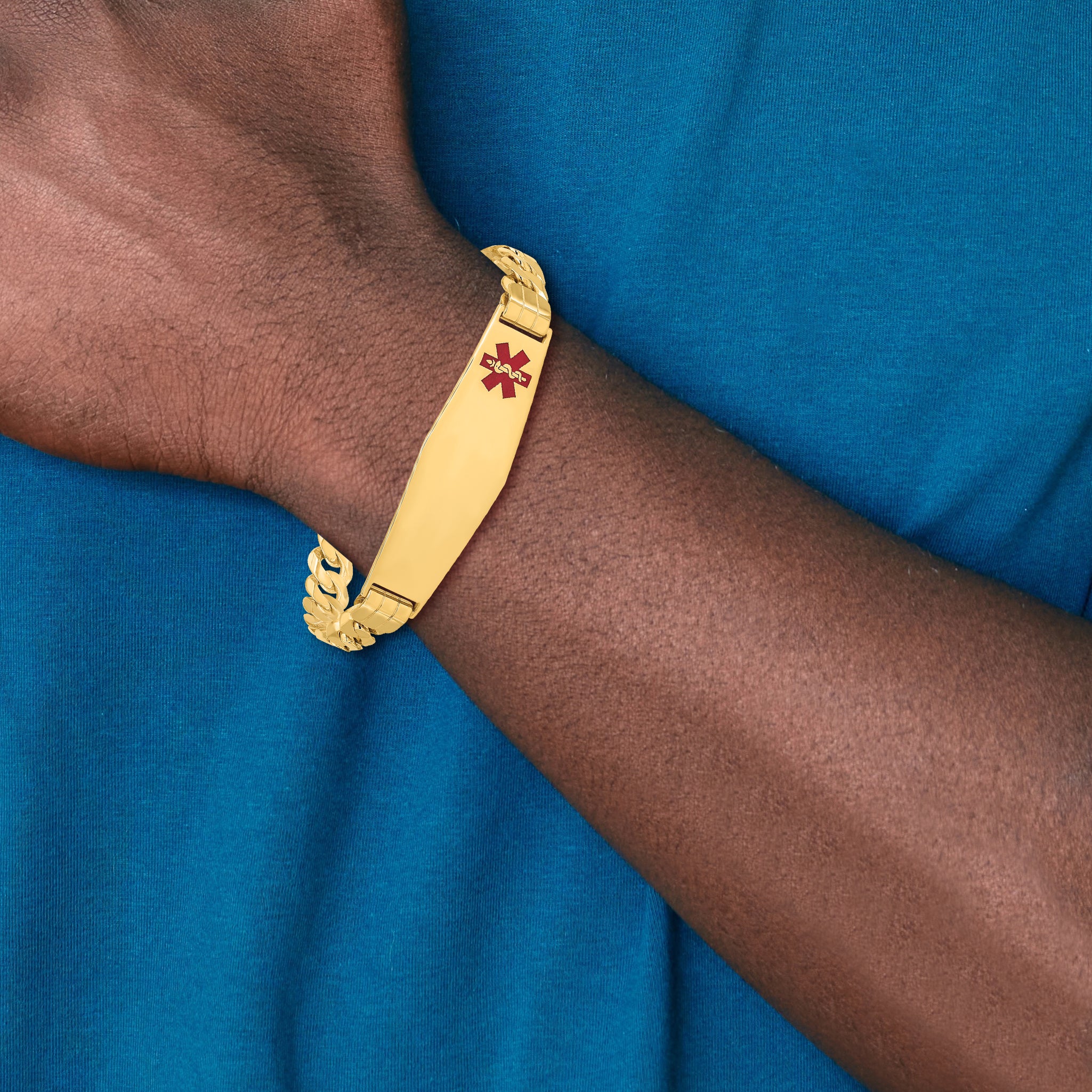 14K Medical Solid Chain/Solid Plate Soft Diamond Shape 39x12mm Off-Center Red Enamel Curb Link 7 inch ID Bracelet