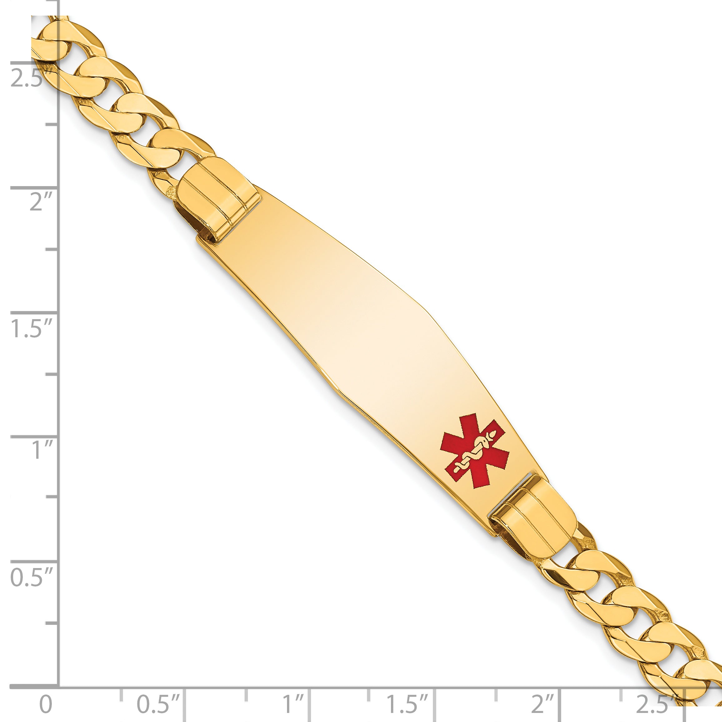 14K Medical Solid Chain/Solid Plate Soft Diamond Shape 39x12mm Off-Center Red Enamel Curb Link 7 inch ID Bracelet