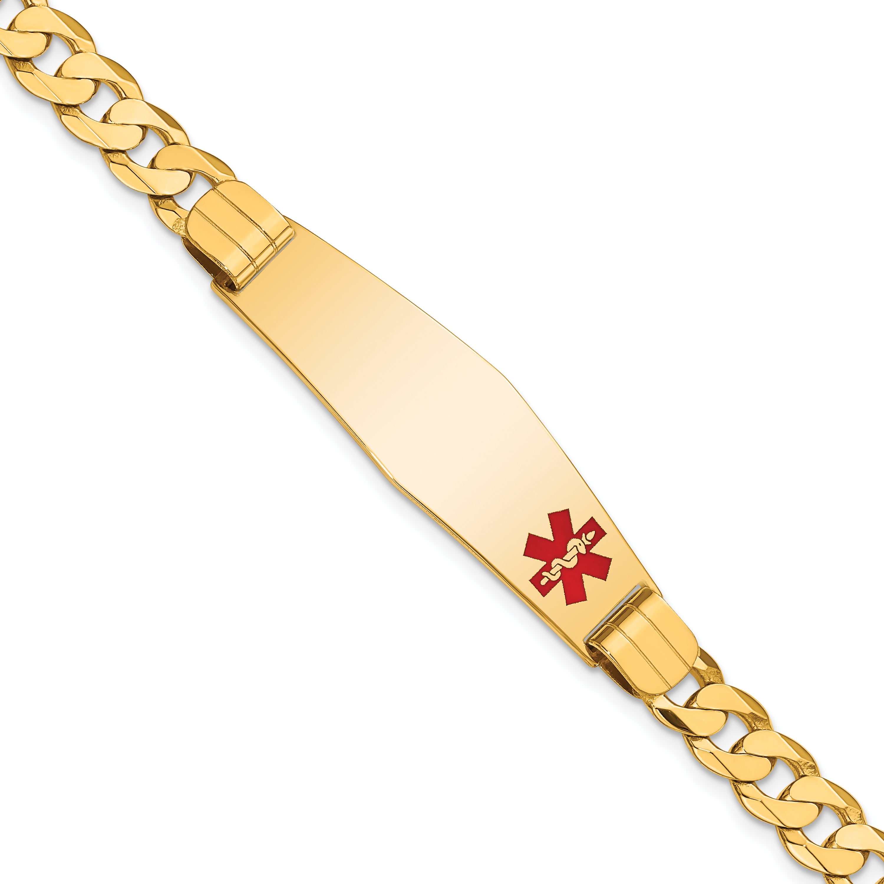 14K Medical Solid Chain/Solid Plate Soft Diamond Shape 39x12mm Off-Center Red Enamel Curb Link 7 inch ID Bracelet