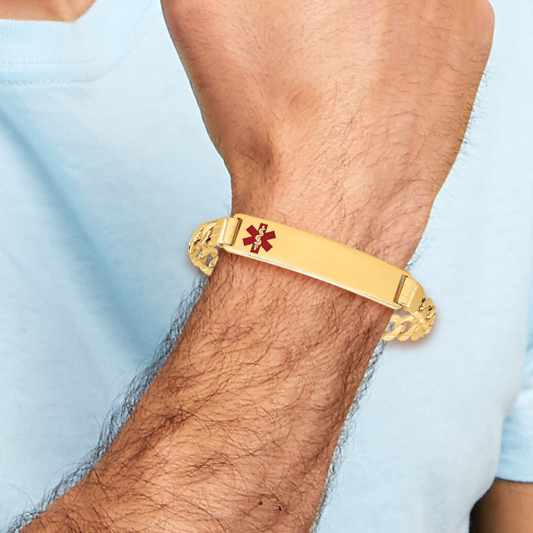 14K Medical Solid Chain/Solid Plate 40x10mm Off-Center Red Enamel Curb Link 7 inch ID Bracelet