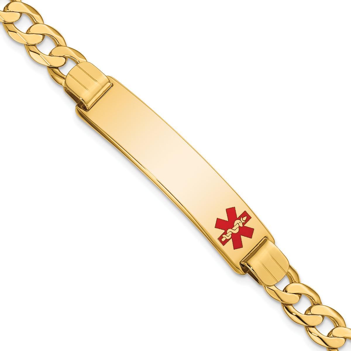 14K Medical Solid Chain/Solid Plate 40x10mm Off-Center Red Enamel Curb Link 7 inch ID Bracelet