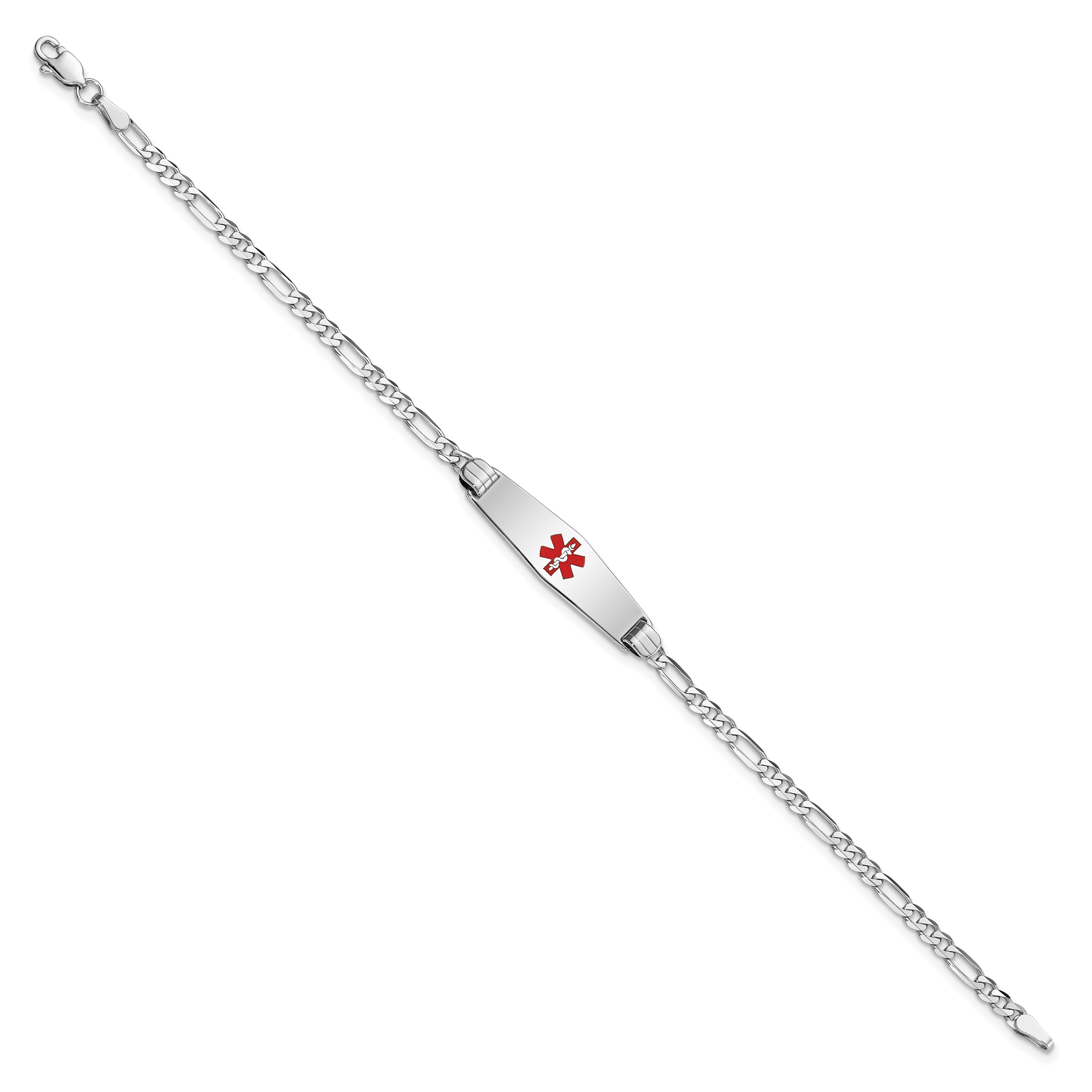 14K White Gold Medical Solid Chain/Solid Plate 24x7mm Soft Diamond Shape Centered Red Enamel Figaro Link 7 inch ID Bracelet Secondary image