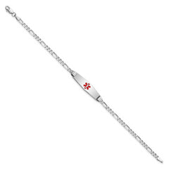 14K White Gold Medical Solid Chain/Solid Plate 24x7mm Soft Diamond Shape Centered Red Enamel Figaro Link 7 inch ID Bracelet