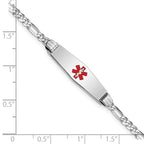 14K White Gold Medical Solid Chain/Solid Plate 24x7mm Soft Diamond Shape Centered Red Enamel Figaro Link 7 inch ID Bracelet