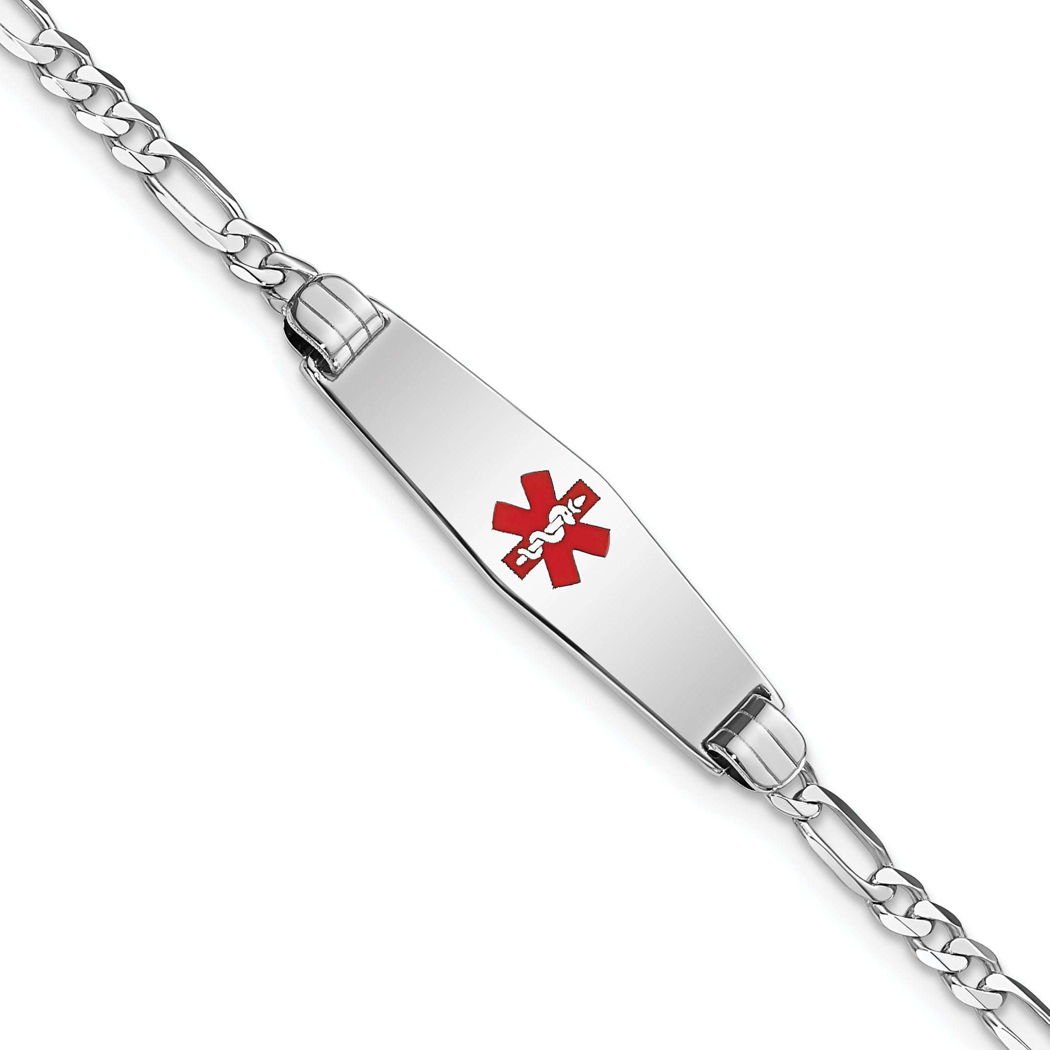 14K White Gold Medical Solid Chain/Solid Plate 24x7mm Soft Diamond Shape Centered Red Enamel Figaro Link 7 inch ID Bracelet