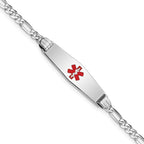 14K White Gold Medical Solid Chain/Solid Plate 24x7mm Soft Diamond Shape Centered Red Enamel Figaro Link 7 inch ID Bracelet