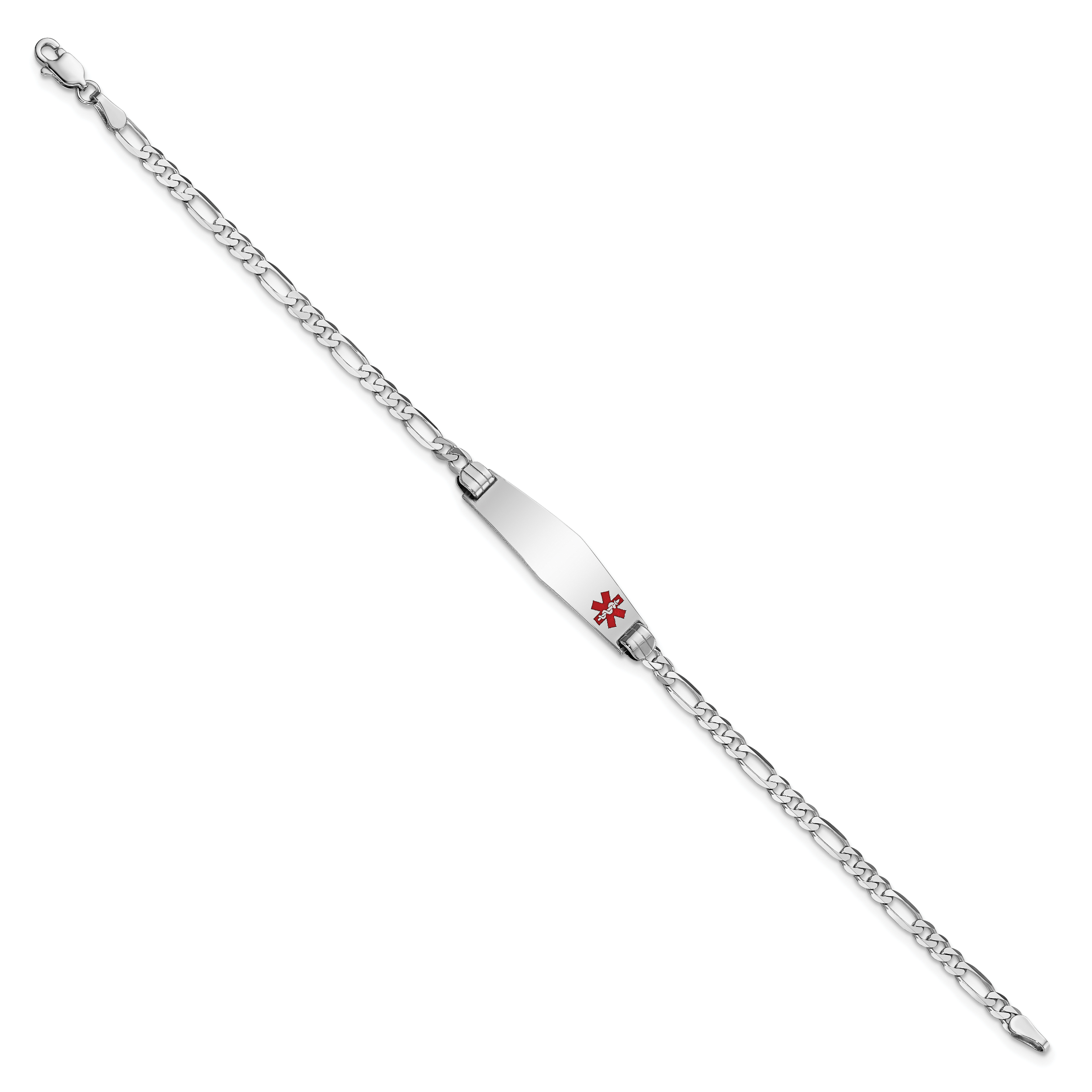 14K White Gold Medical Solid Chain/Solid Plate 26x7mm Soft Diamond Shape Off-Center Red Enamel Figaro Link 7 inch ID Bracelet Secondary image